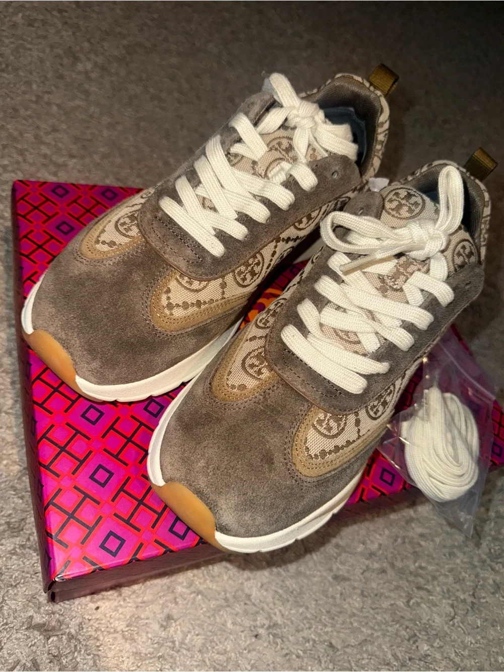 Tory Burch Logo Suede & Canvas Sneakers & matching bucket-bag. Dust-bag too.